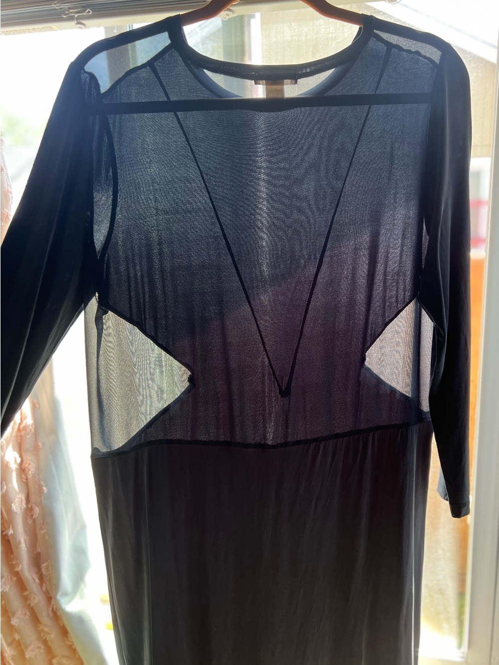 H&M Navy Gray Long Sleeve Sheath Midi Dress with Geometric Sheer Mesh Paneling
